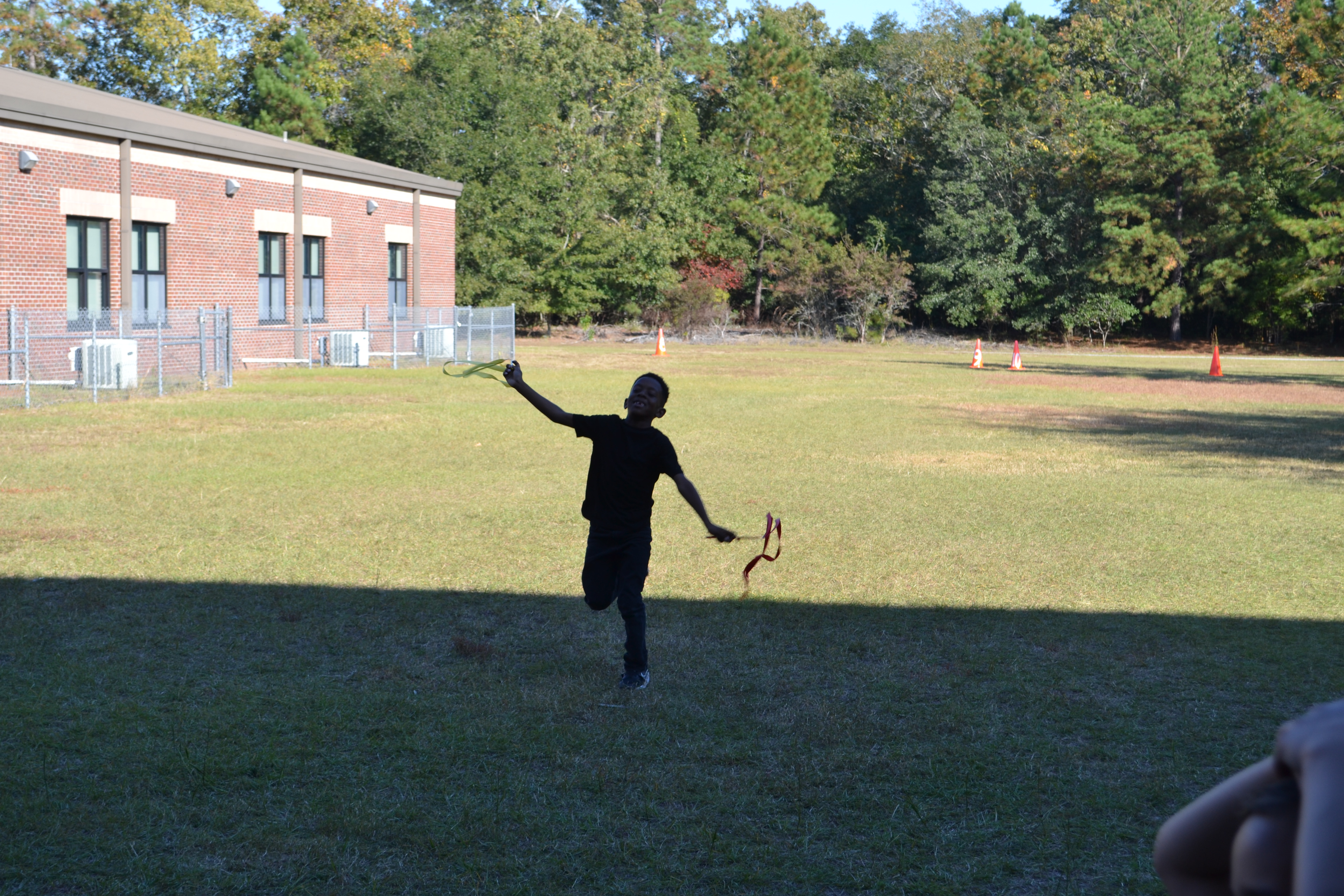 Silhouette of a child as he prances across a field holding streamers