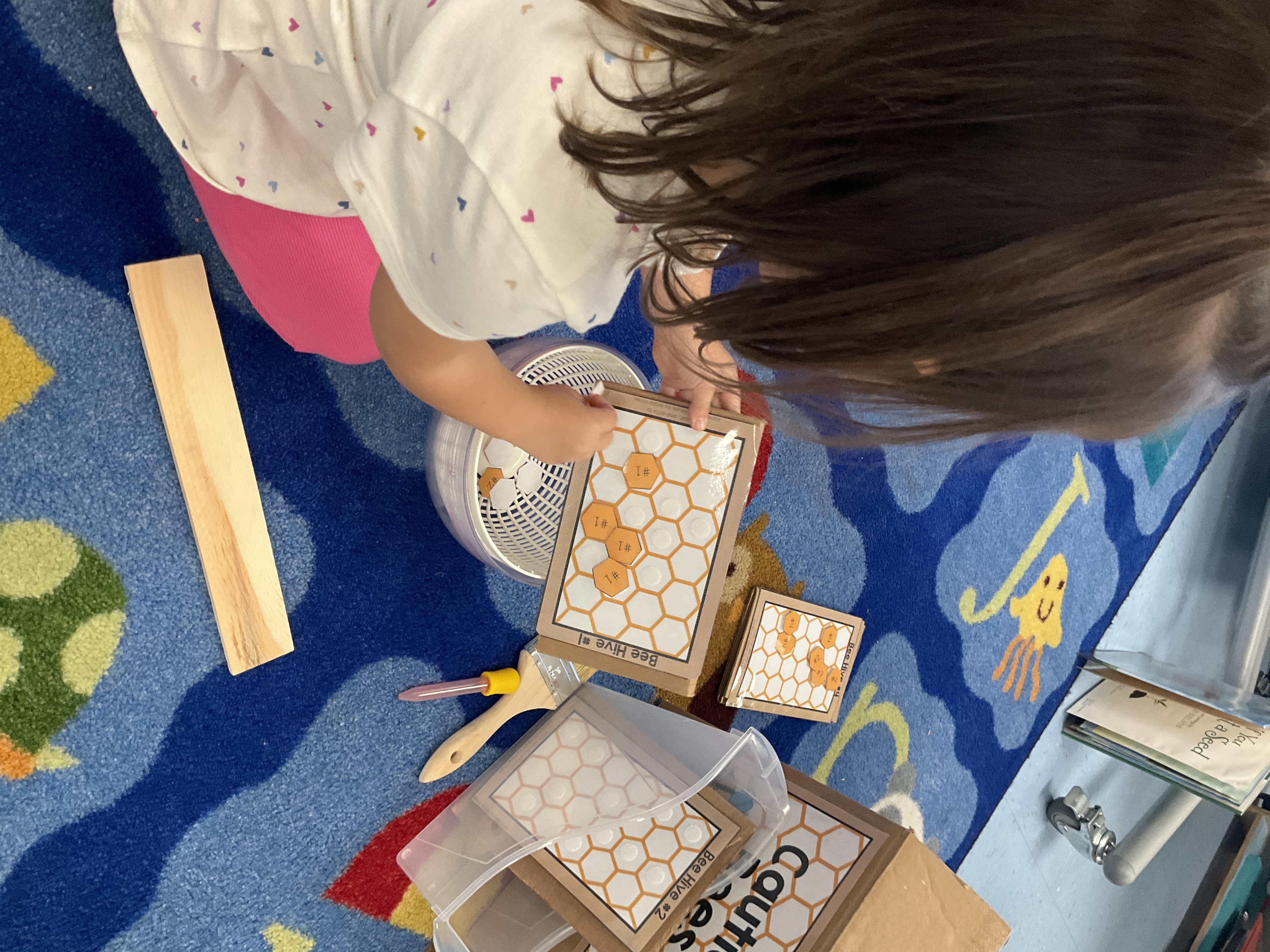 A pre-k student practices number recognition and sorting with a bee hive