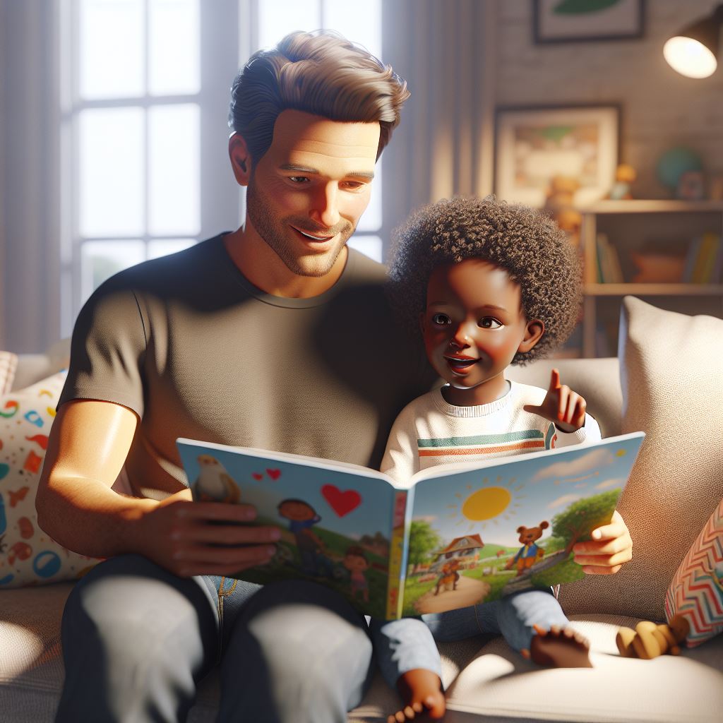 AI generated image of a father reading a picture book to his child