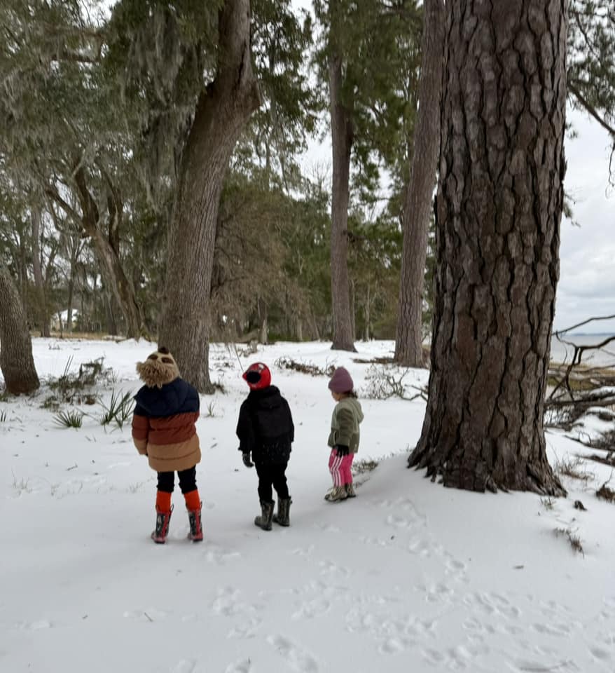 Children stand in the snow beneath trees