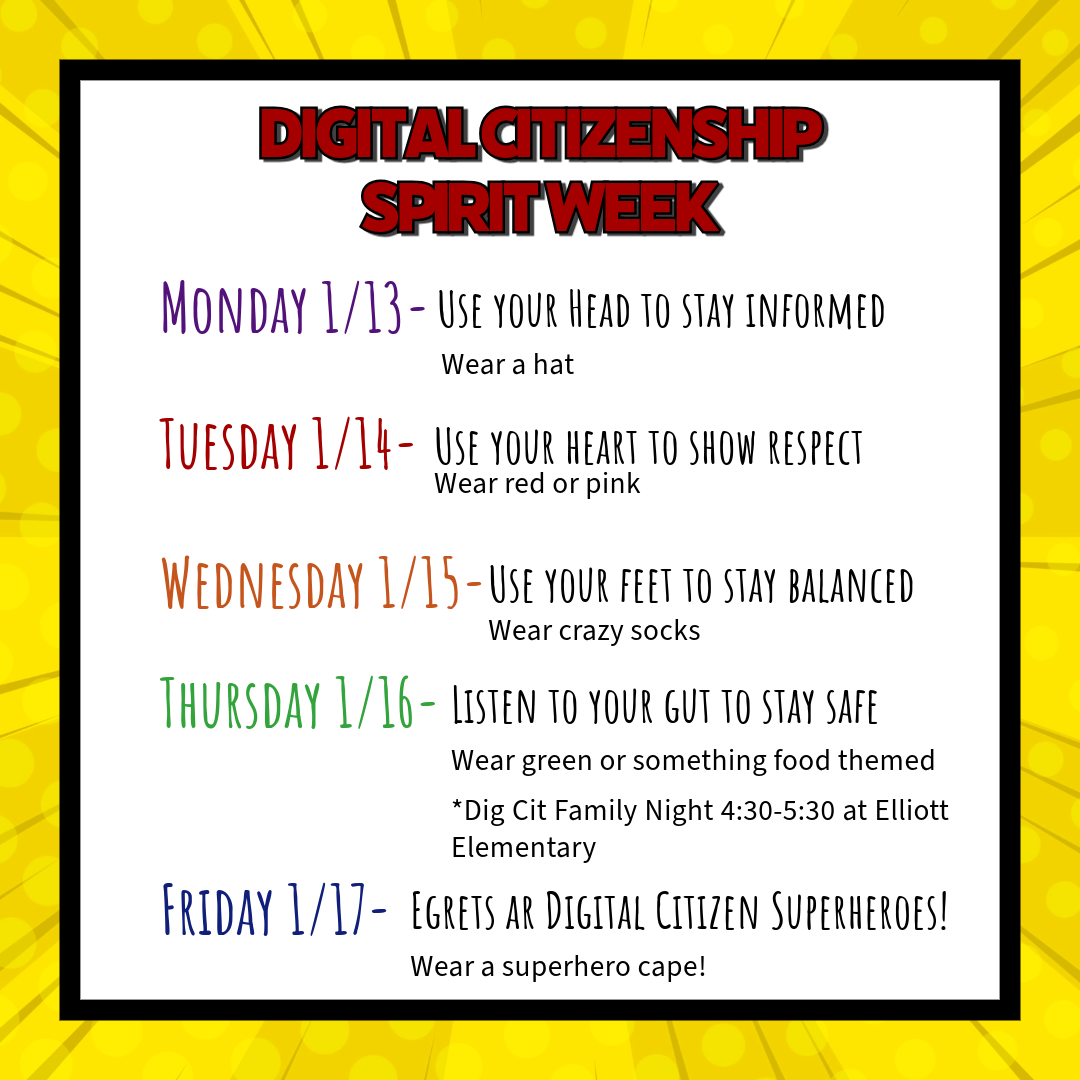 Spirit week schedule: Monday wear a hat, Tuesday wear red or pink, Wednesday wear crazy socks, Thursday wear green or food themed, Friday wear a superhero cape