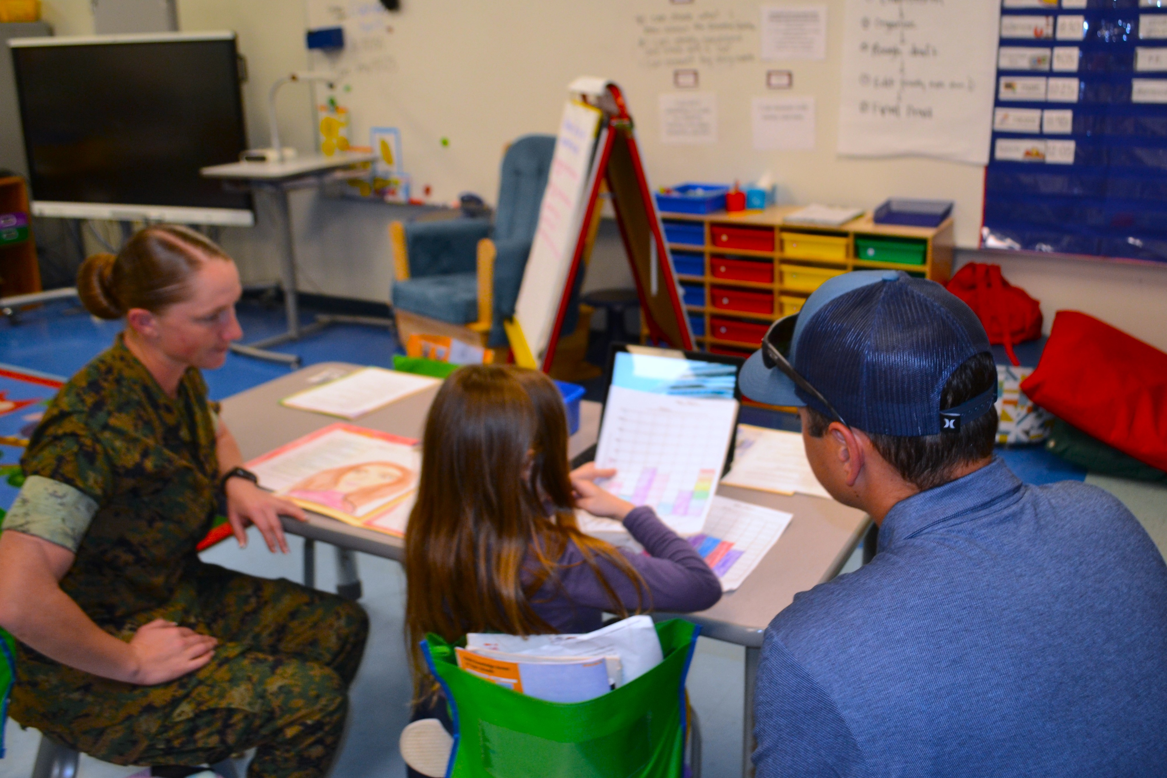 A student shares her progress with parents at Elliott's Student Engaged Conferences