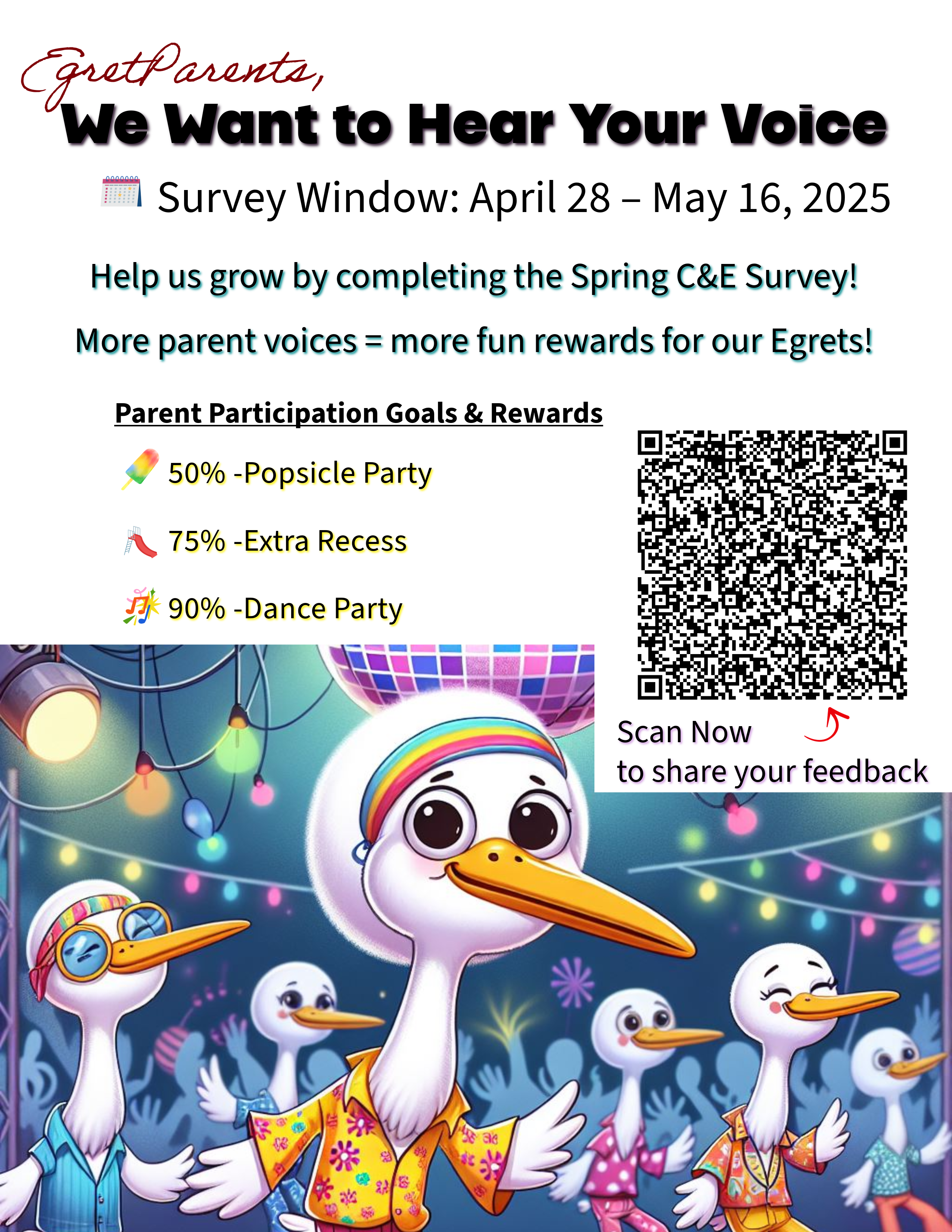 Flyer shares duplicate informatin to text box, contains a QR code half way down on the right, and has a picture of cartoon egrets dancing at a disco party
