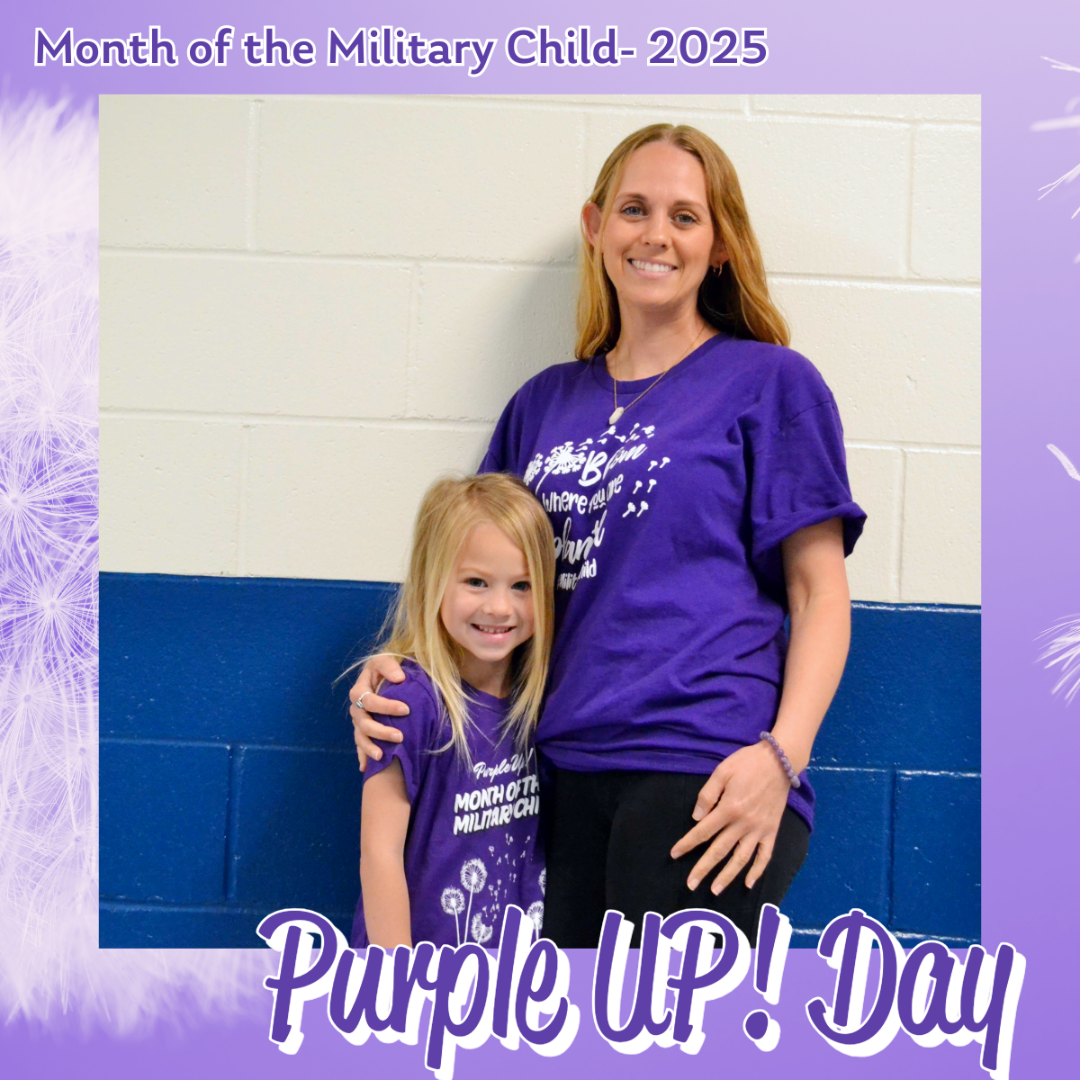 A mother and daughter pose together in their purple up shirts